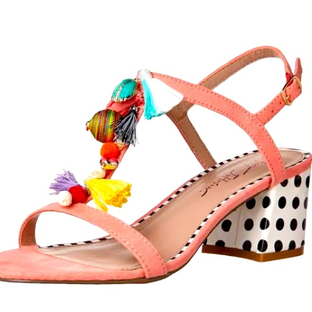 Betsey Johnson Polkadot Heel Sandal With Fringe and Shell Detail